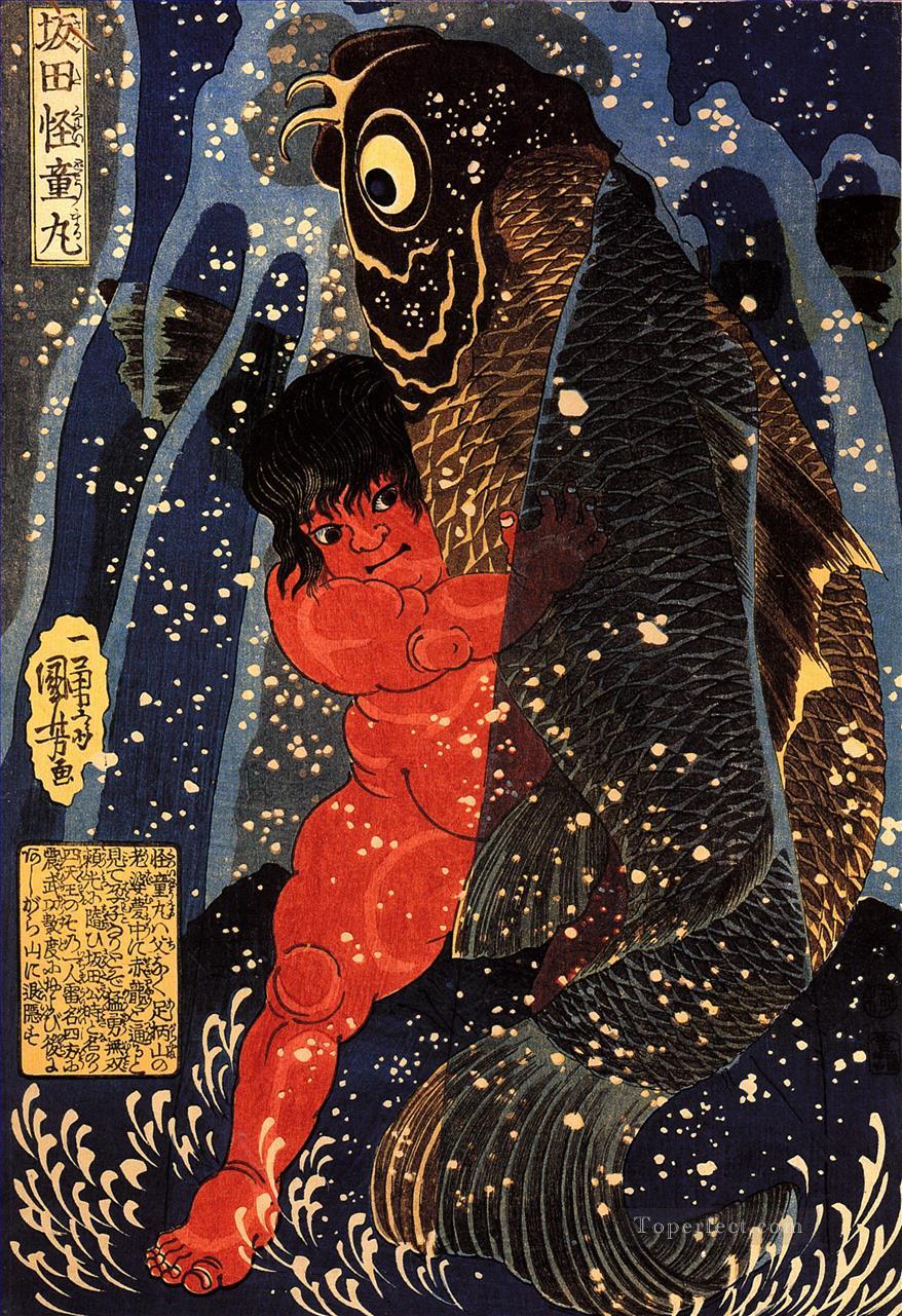 sakata kintoki struggling with a huge carp in a waterfall 1836 Utagawa Kuniyoshi Japanese Oil Paintings